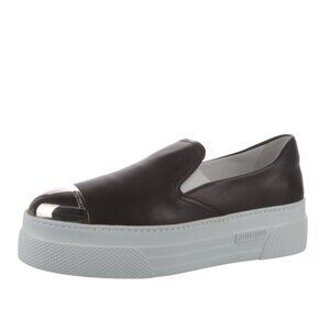 NWT Miu Miu Platform Slip-on Sneakers Black Leather Silver Toe Cap Sz 35.5